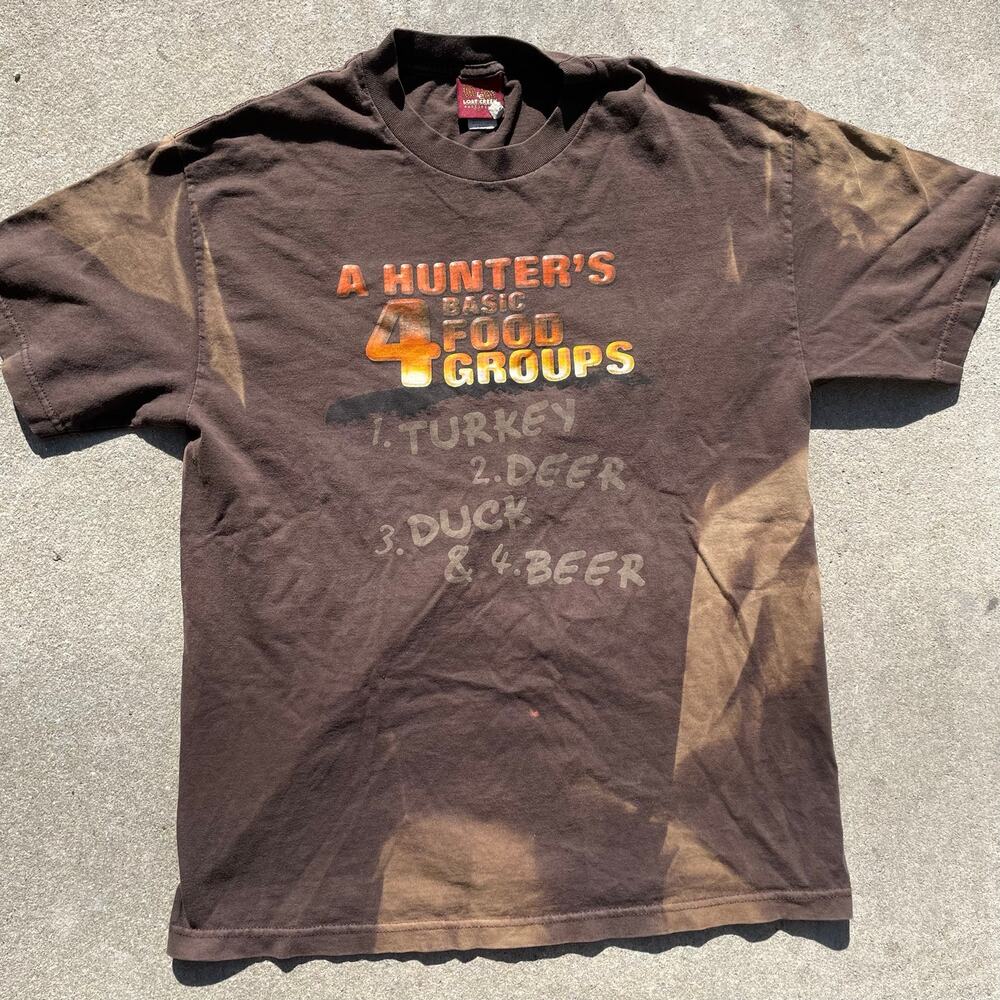 Vintage Lost Creek Hunters 4 Food Groups Turkey Deer Duck Beer Tee Brown M